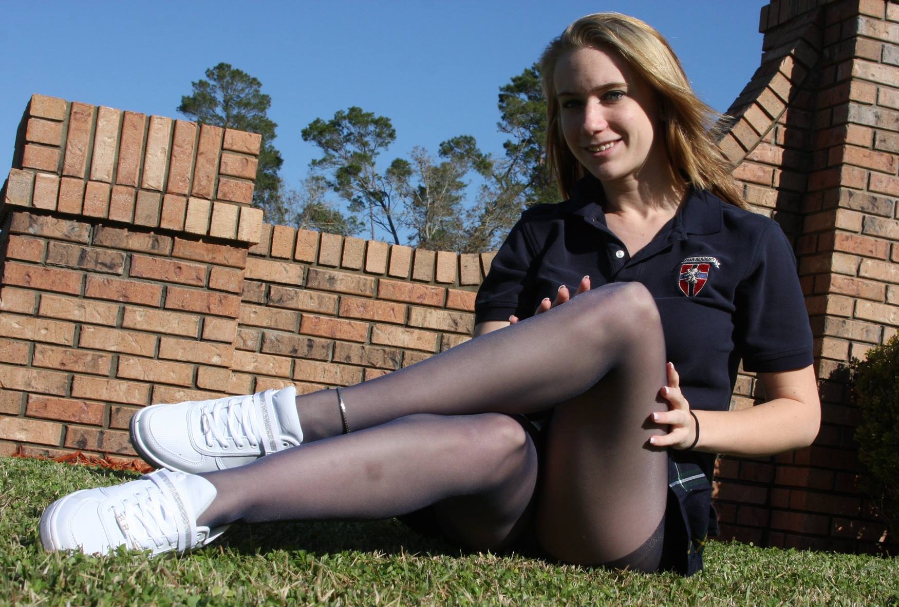 Blonde Schoolgirl wearing Black Sheer Pantyhose and White Sneakers